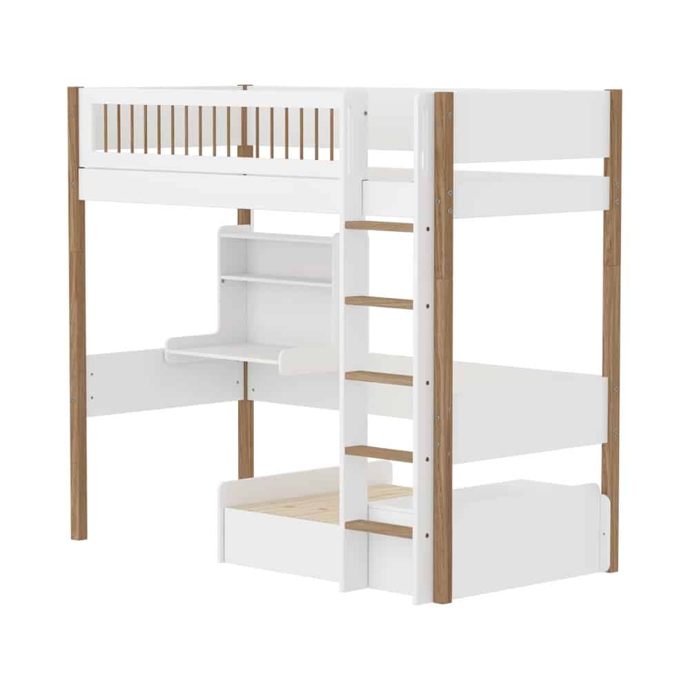 Parvisänky 90x200 työpöydällä ja sohvamoduulilla, White/Oak pystypalkit - Flexa