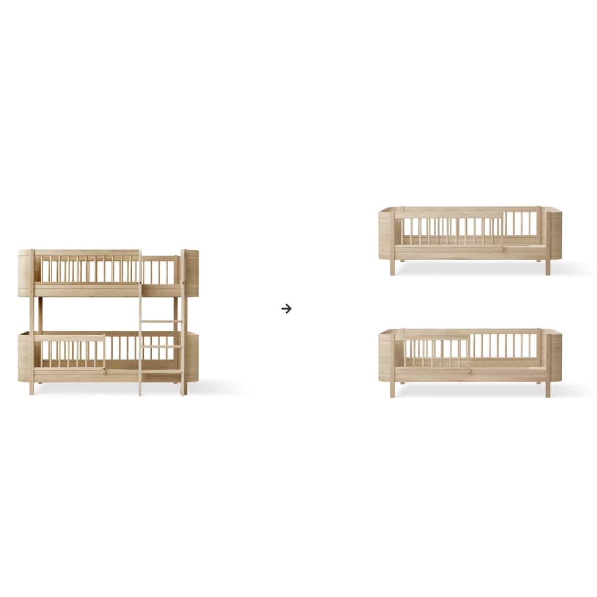 Muunnosarja: Wood Mini+ matala kerrossänky kahdeksi juniorsängyksi, Oliver Furniture